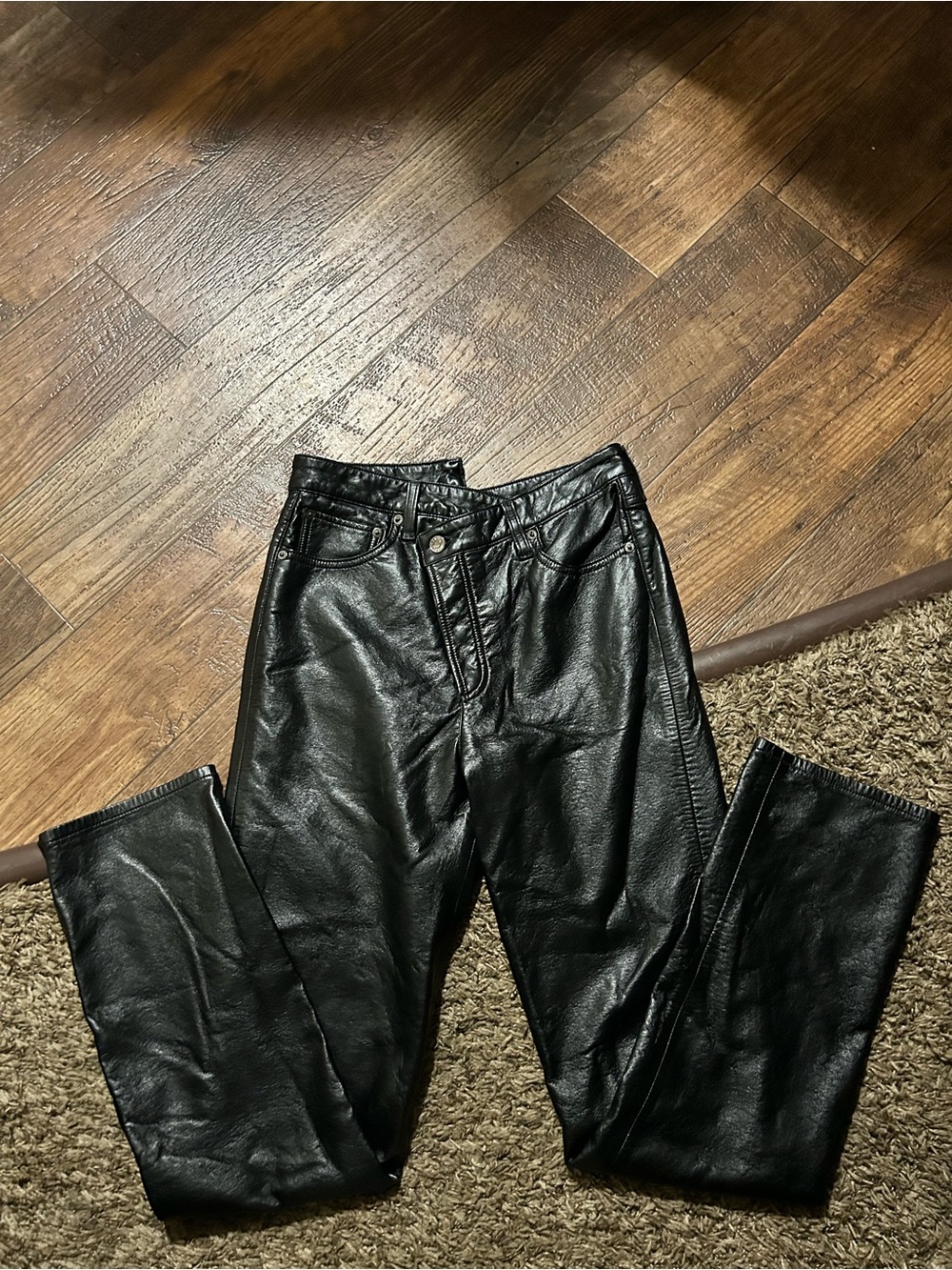 AGOLDE Leather Criss Cross Straight Leg Pant in Detox Black